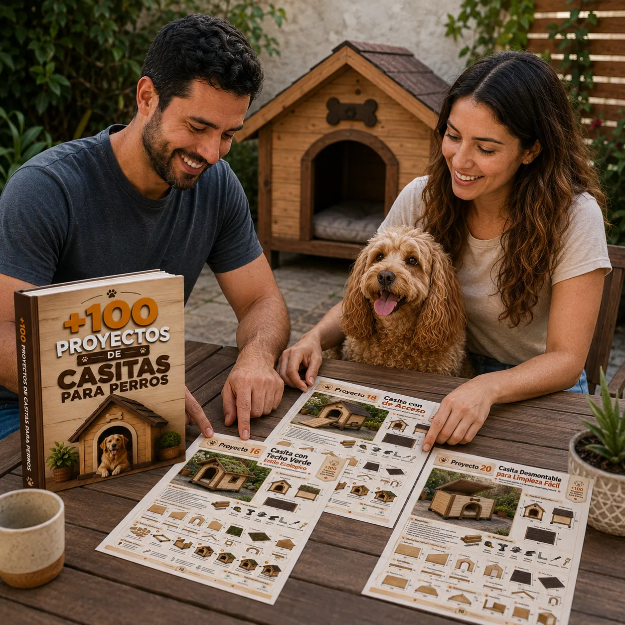 Hombre y perro junto a una casita para perros